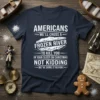 Americans We'll Cross A Frozen River Christmas Quote t-shirt design with bold white text and ice floe graphic