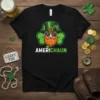 AMERICHÄUN St. Patrick's Day t-shirt with a cool leprechaun wearing sunglasses and a hat, surrounded by shamrocks