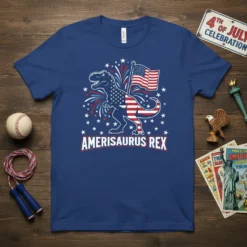 Amerisaurus Rex design featuring a dinosaur with American flag pattern and fireworks, text "AMERISAURUS REX"