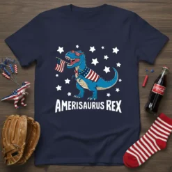 Amerisaurus Rex T-Shirt featuring a blue T-Rex dinosaur wearing sunglasses and a patriotic sash, holding an American flag. White stars