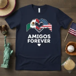 Amigos Forever t-shirt design with hands forming a heart with Mexican and American flags, and white text