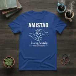 Amistad House of Friendship T-Shirt design with hands forming a heart and Spanish text for friendship