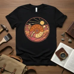 Ammonite Desert Landscape T-Shirt design with a circular graphic of an ammonite fossil in a desert scene under a sun