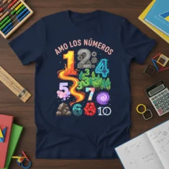 Amo Los Números T-Shirt featuring colorful numbers 1 through 10 with unique graphics like fire, gears, trees, and swirls