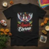 Amor Eterno t-shirt design with two doves kissing, featuring colorful Mexican folk art and floral elements
