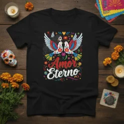 Amor Eterno t-shirt design with two doves kissing, featuring colorful Mexican folk art and floral elements