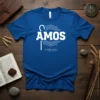 Royal blue t-shirt with "AMOS" in large white capital letters, a shepherd's crook, and a circular graphic with sheep below