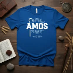 Royal blue t-shirt with "AMOS" in large white capital letters, a shepherd's crook, and a circular graphic with sheep below