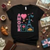 Amour Paris Love T-Shirt design with Eiffel Tower, hot air balloon, rose, and croissant graphics