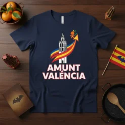 Amunt València t-shirt with iconic tower and Valencian flag colors design