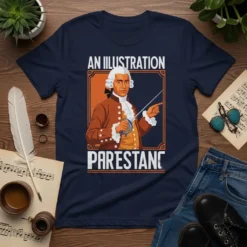 An Illustration Parestanc t-shirt featuring a historical figure in 18th-century attire holding a sword, with classical art style