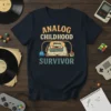 Analog Childhood Survivor t-shirt design with retro cassette, telephone, ghost, and book graphics