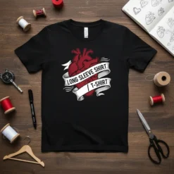 Anatomical heart graphic with "LONG SLEEVE SHIRT / T-SHIRT" text on a black t-shirt