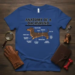 Anatomy of a Dachshund T-Shirt with humorous labels for body parts like 'Velvety Ears' and 'Torpedo Body'
