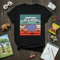 Anatomy of a Hippo t-shirt design with humorous labels for hippo body parts like Treppers and Snort Sticks