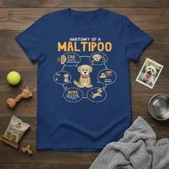 Anatomy of a Maltipoo T-Shirt with humorous labels for ears and nose, featuring a central Maltipoo dog graphic