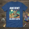 Ancient Alien Cats t-shirt design featuring a cat in a UFO, an alien, and pyramids under a full moon