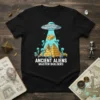 Ancient Aliens Master Builders text with aliens and UFO building a pyramid on a black t-shirt