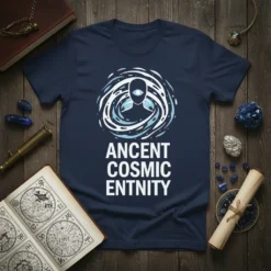 Ancient Cosmic Entity T-Shirt with white text and a stylized alien figure within a blue and white cosmic swirl design