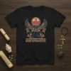 Ancient Egyptian Mystery t-shirt design with a winged goddess and hieroglyphic sun disk. Features text "ANCIENT EGYPTIAN MYSTERY" in golden