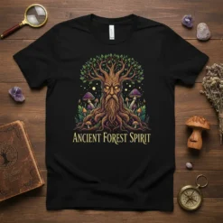 Ancient Forest Spirit t-shirt design featuring a detailed tree spirit with a face and beard, surrounded by mushrooms and foliage