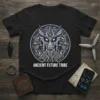 Black t-shirt featuring the ANCIENT FUTURE TRIBE text below a circular tribal warrior mask design with blue and grey accents