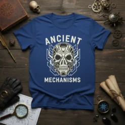 Blue t-shirt featuring a white graphic of a mechanical skull with "ANCIENT MECHANISMS" text, representing steampunk art
