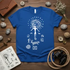 Ancient Petroglyph Art t-shirt design featuring a central figure surrounded by deer, hunters, and tribal symbols in white on a