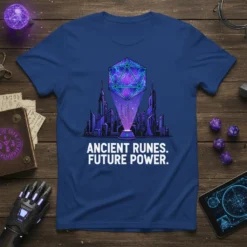 Ancient Runes Future Power t-shirt featuring a glowing D20 die projecting a futuristic cityscape, with bold white text