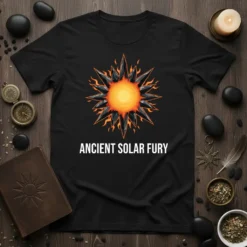 Black t-shirt with a bold ANCIENT SOLAR FURY graphic featuring a fiery sun surrounded by dark, spiky elements and flames