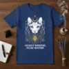 Ancient Whispers, Feline Mystery t-shirt with a Sphinx cat, scarab beetle, moons, and stars graphic