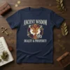 Navy blue t-shirt featuring "Ancient Wisdom Duality & Prosperity" text with a circular design of two facing profiles