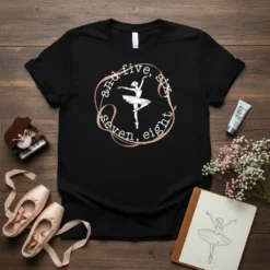Black t-shirt featuring the phrase "and five, six seven, eight" in a circular design around a white ballerina graphic