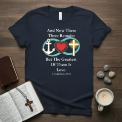 Navy t-shirt with the quote "And Now These Three Remain: But The Greatest Of These Is Love. 1 Corinthians 13:13"