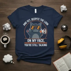 And Yet, Despite The Look On My Face, You're Still Talking quote on a navy t-shirt featuring a cool cat