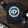 Navy blue t-shirt featuring the Anderson DJ Service ADJ dj.com logo in white and blue text with graphic elements