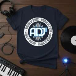 Navy blue t-shirt featuring the Anderson DJ Service ADJ dj.com logo in white and blue text with graphic elements