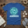 Andros Bahamas t-shirt featuring a circular design with dolphins, intricate patterns, and the word ANDROS in white text