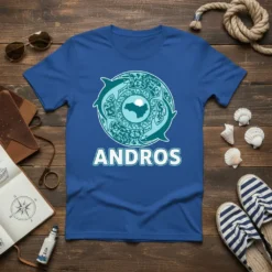 Andros Bahamas t-shirt featuring a circular design with dolphins, intricate patterns, and the word ANDROS in white text