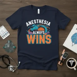 Anesthesia Always Wins T-Shirt with a dragon graphic and medical syringes, featuring bold orange and blue text