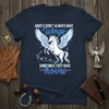 White winged horse graphic with text "Angels Don't Always Have Wings Sometimes They Have Hoves" on a navy blue t-shirt