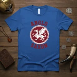 Blue t-shirt with red Anglo Saxon text and a white dragon graphic inside a red circle with rope border