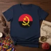 Angola flag design on a navy blue t-shirt, featuring red, black, and yellow national symbols