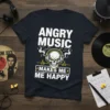 Angry Music Makes Me Happy t-shirt design with a skull wearing headphones and musical notes