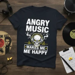 Angry Music Makes Me Happy t-shirt design with a skull wearing headphones and musical notes