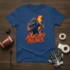 Angry Runs text with a football player running through flames and lightning bolt graphic on a navy blue t-shirt