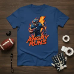 Angry Runs text with a football player running through flames and lightning bolt graphic on a navy blue t-shirt