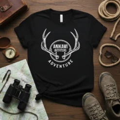 Anikawi Outfitters Adventure T-Shirt featuring white text and antler graphic on a black tee