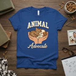 Animal Advocate T-Shirt with a cute illustration of a cat and dog being held in caring hands