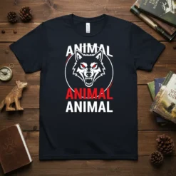 T-shirt with "ANIMAL ANIMAL ANIMAL" text and a fierce wolf graphic in a circle